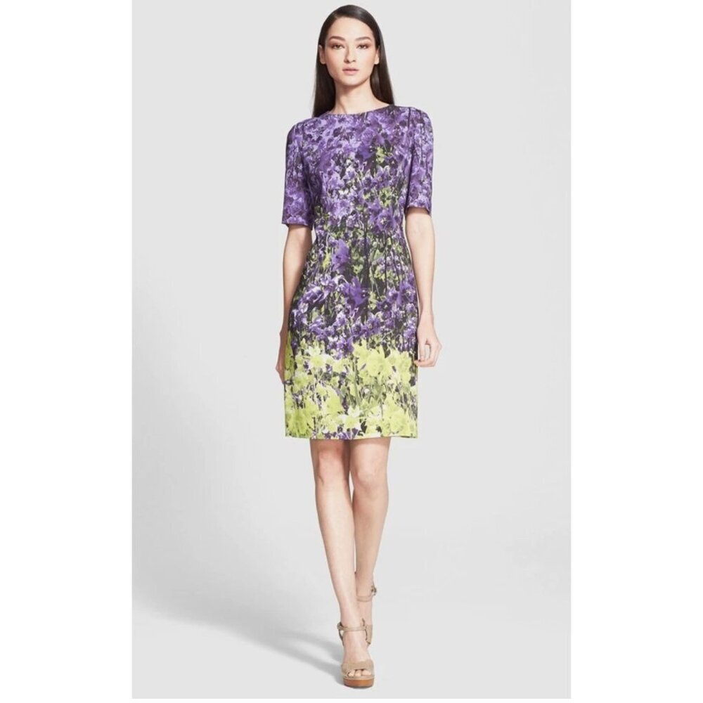 Escada "Dirika" Floral Print Jersey Sheath Dress Purple Green Size 42 US 12
